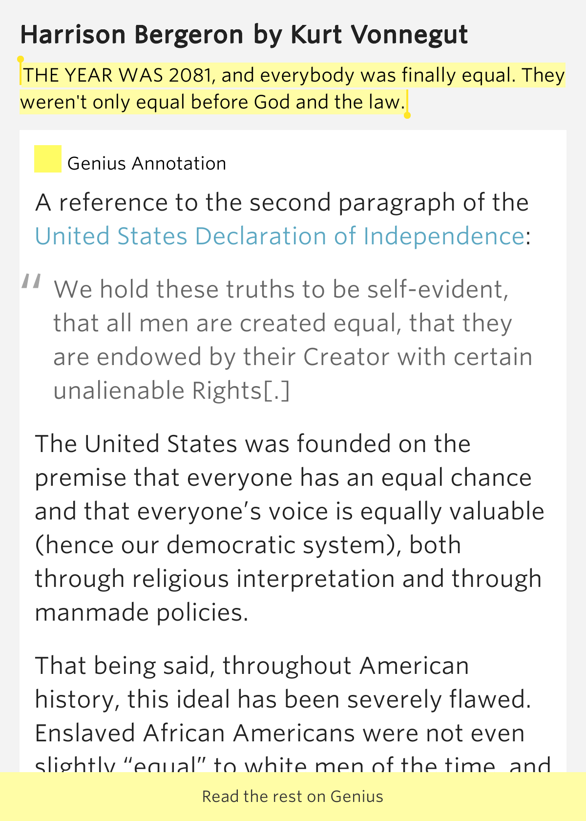 THE YEAR WAS 2081, and everybody was finally equal. They weren't only