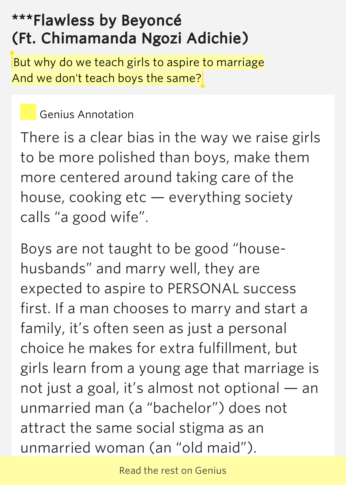 But why do we teach girls to aspire to marriage / And we don't teach