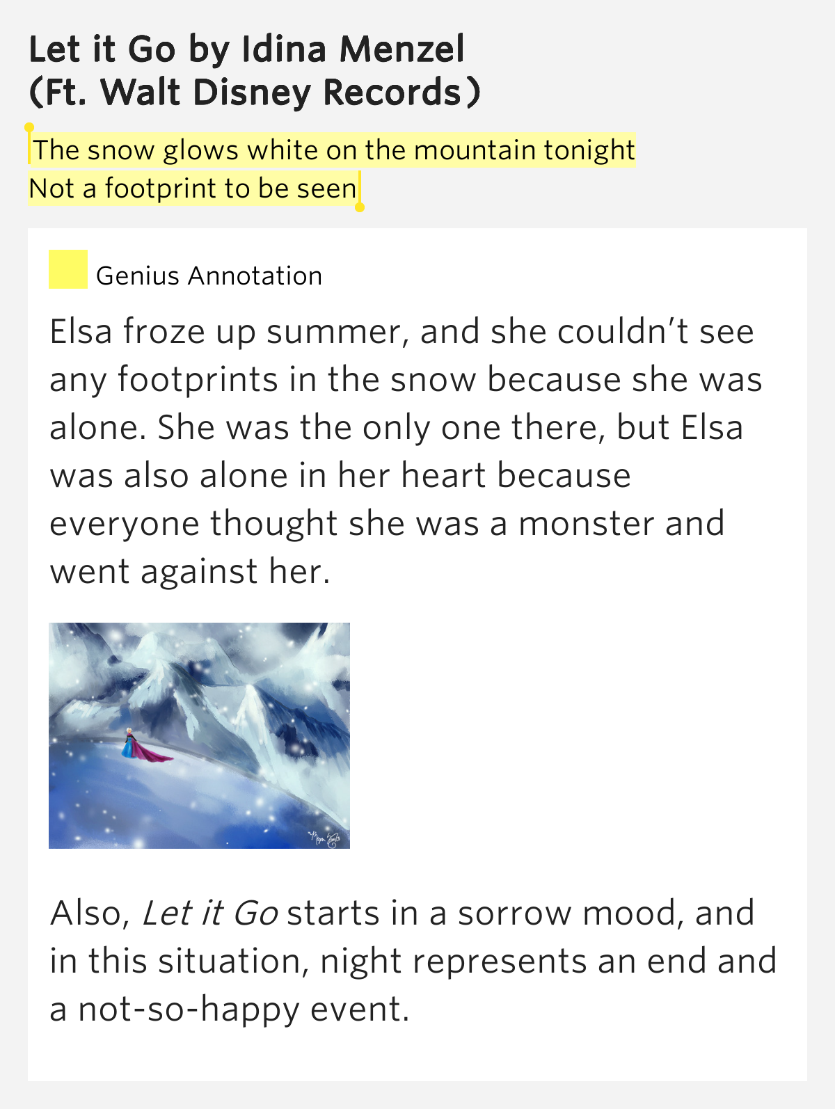 The snow glows white on the mountain tonight / Not a.. Let it Go