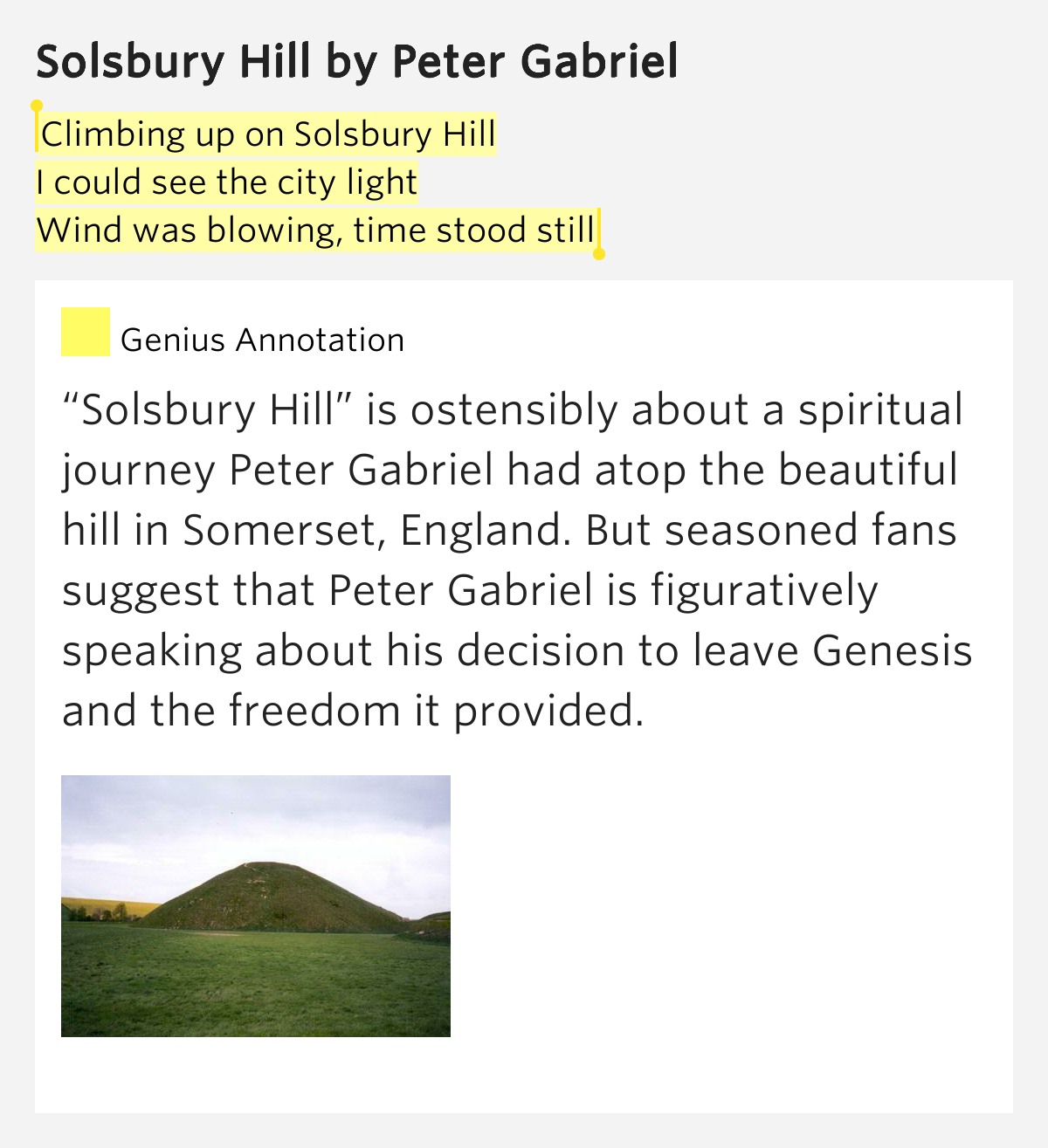 Climbing up on Solsbury Hill / I could see the.. – Solsbury Hill