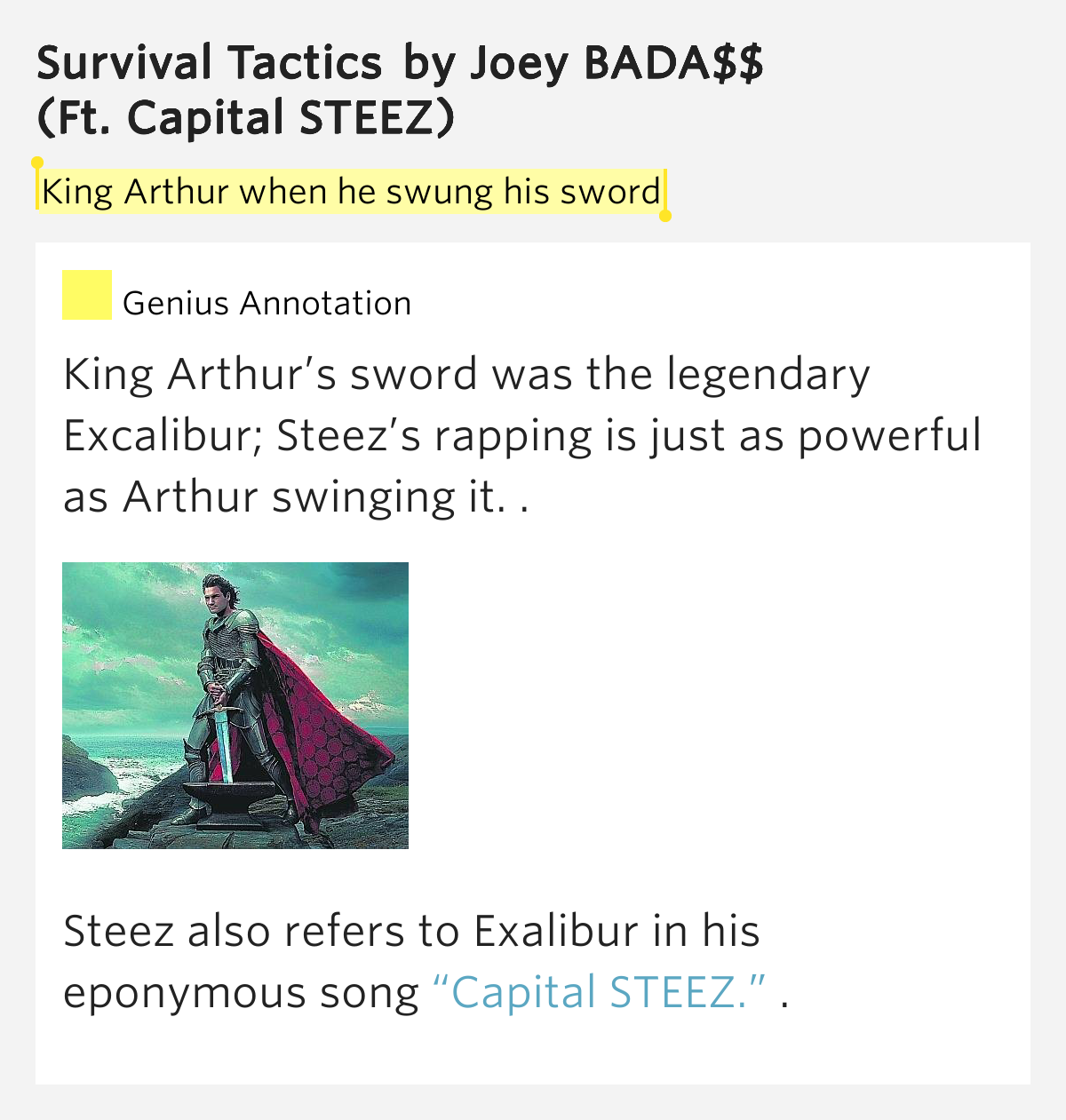 King Arthur when he swung his sword Survival Tactics Lyrics Meaning