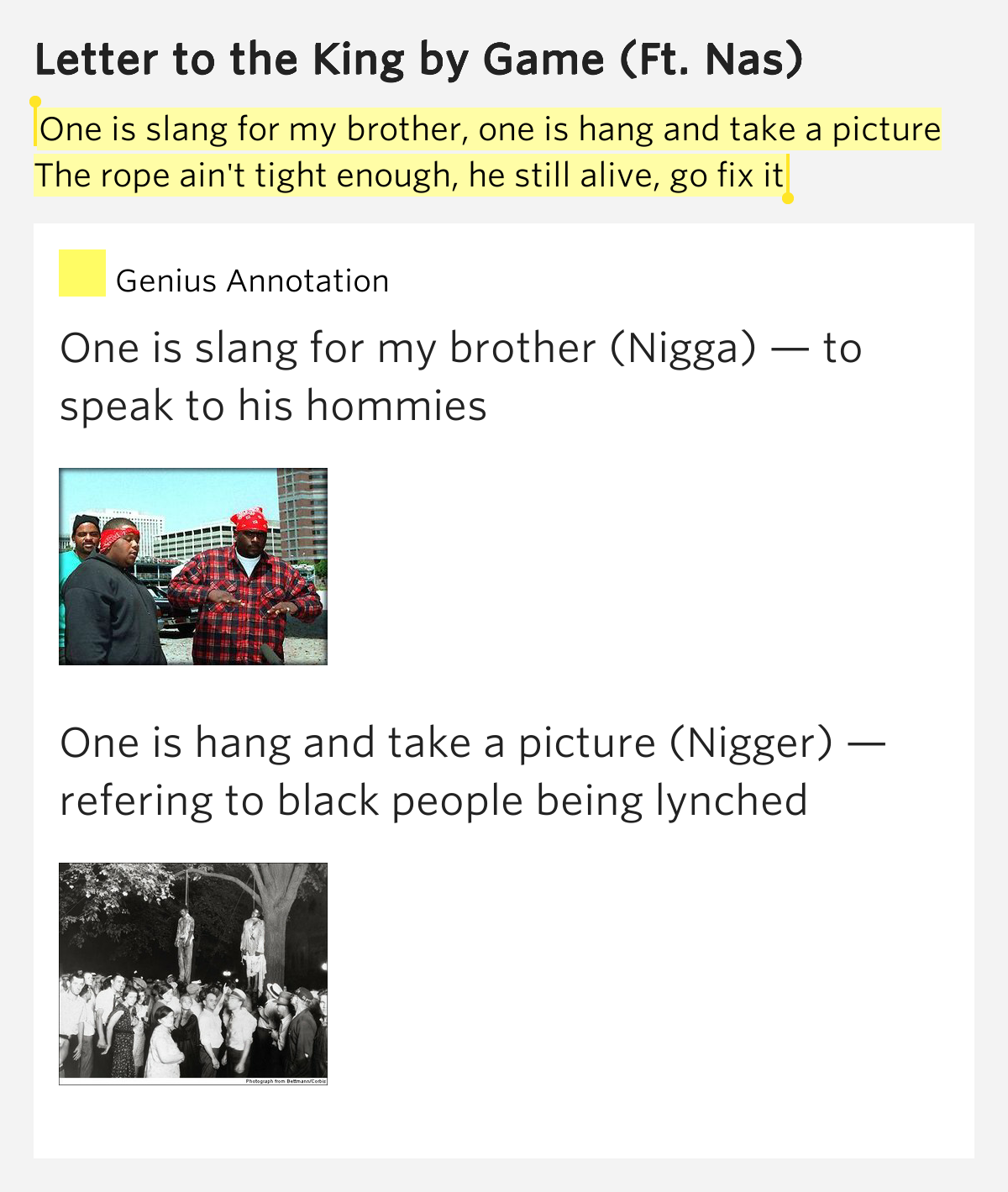 One is slang for my brother, one is hang and take a picture / The rope