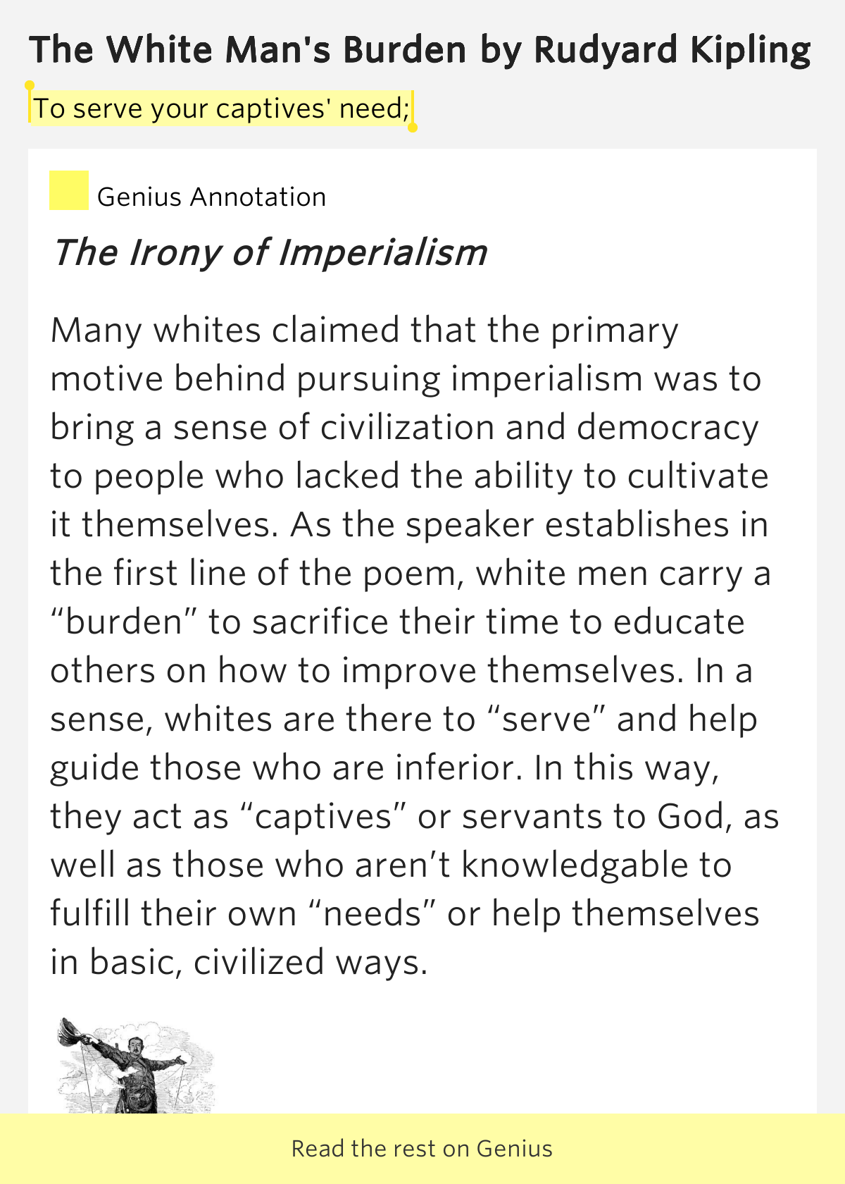 the real white mans burden irony and symbolism The white man's burden is a poem by the english poet rudyard kipling the burden of the title), and because of this has become symbolic of eurocentrism poetry as problematizing imperial sensibilities with wry irony and scepticism, by henry labouchère (1899) the real white man's burden another parody by . the real white mans burden irony and symbolism The white man's burden is a poem by the english poet rudyard kipling the burden of the title), and because of this has become symbolic of eurocentrism poetry as problematizing imperial sensibilities with wry irony and scepticism, by henry labouchère (1899) the real white man's burden another parody by .