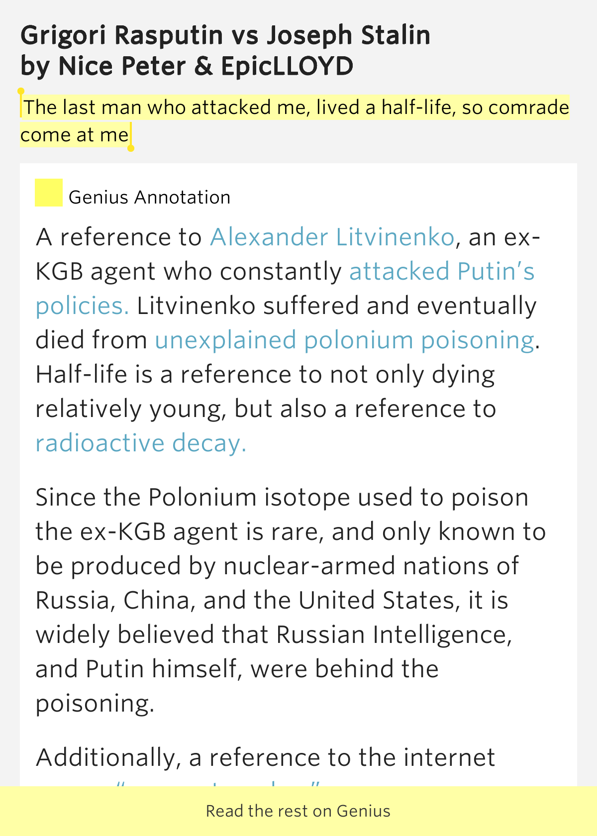The last man who attacked me, lived a halflife, so comrade come at me Grigori Rasputin vs