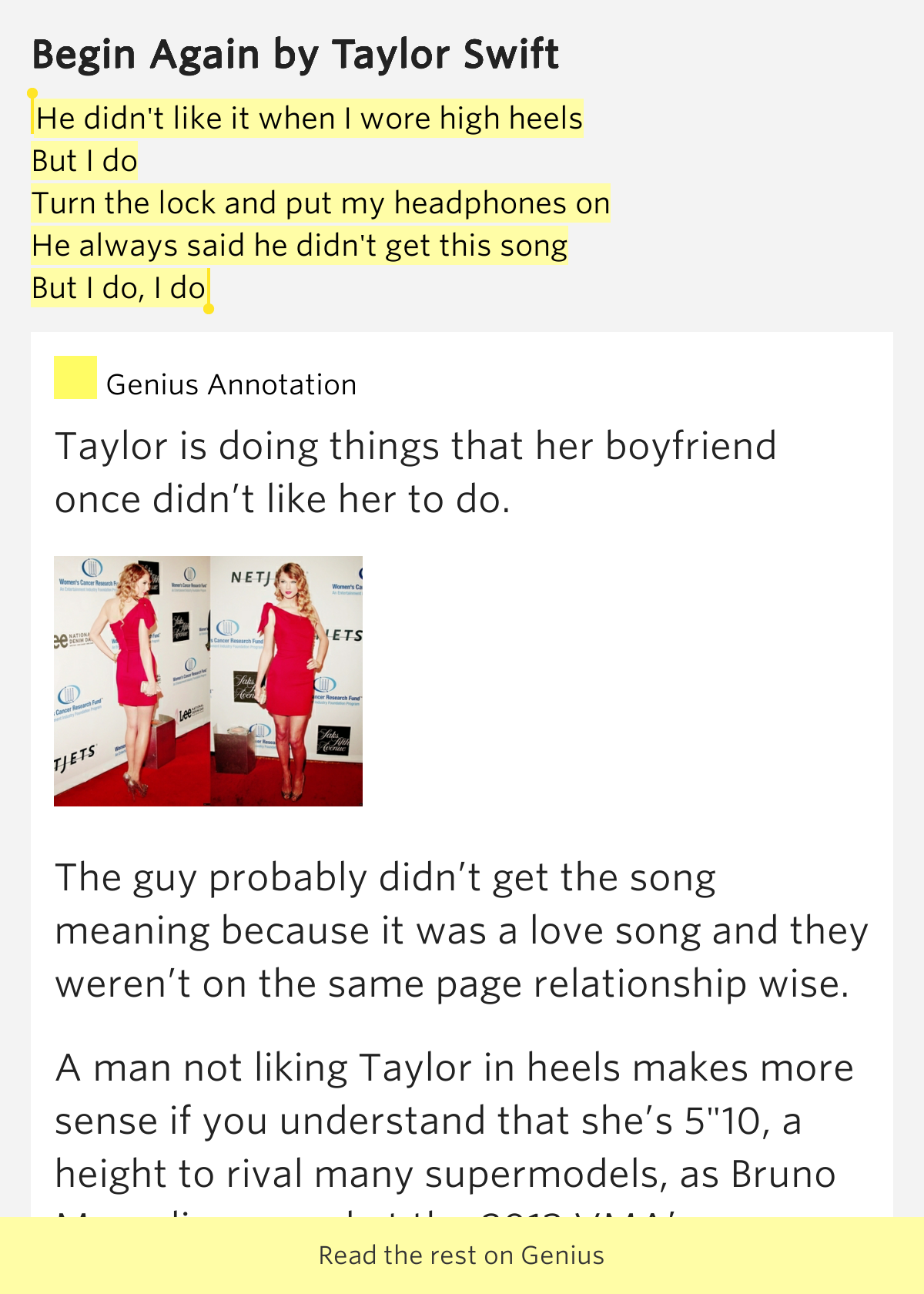 He didn't like it when I wore high heels / But I do / Turn the lock and