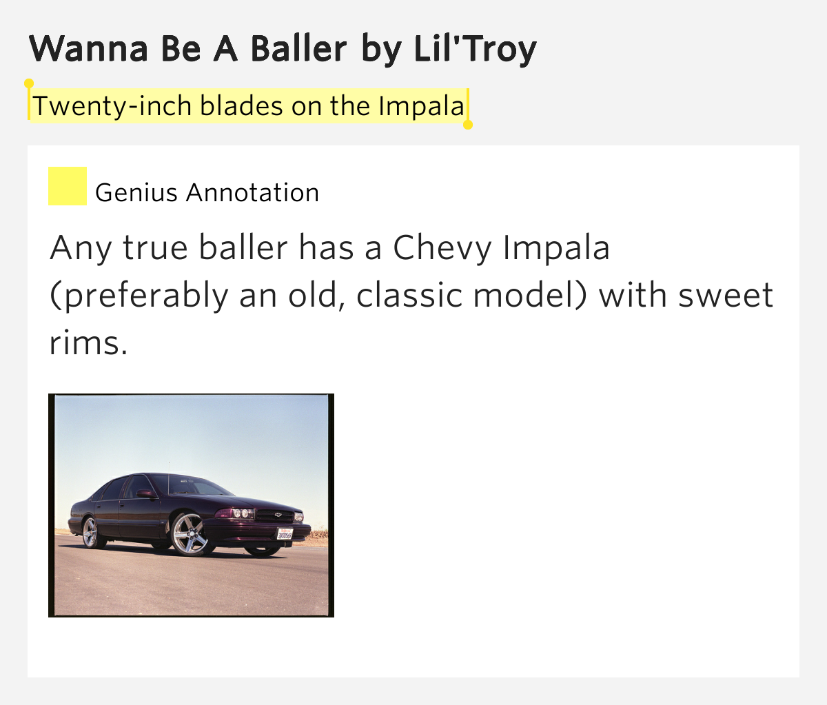 Twentyinch blades on the Impala Wanna Be A Baller by Lil