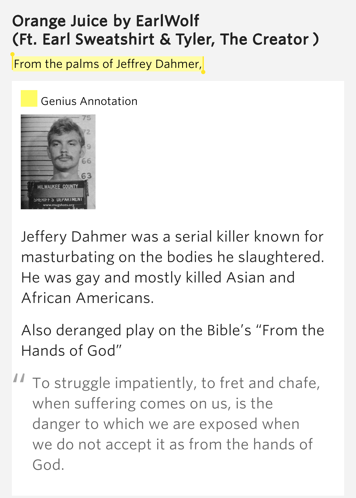 From the palms of Jeffrey Dahmer, Orange Juice Lyrics Meaning