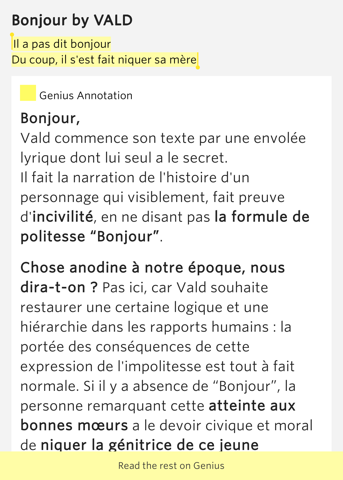 Il a pas dit bonjour / Du coup, il s'est fait niquer sa mère Bonjour Lyrics Meaning