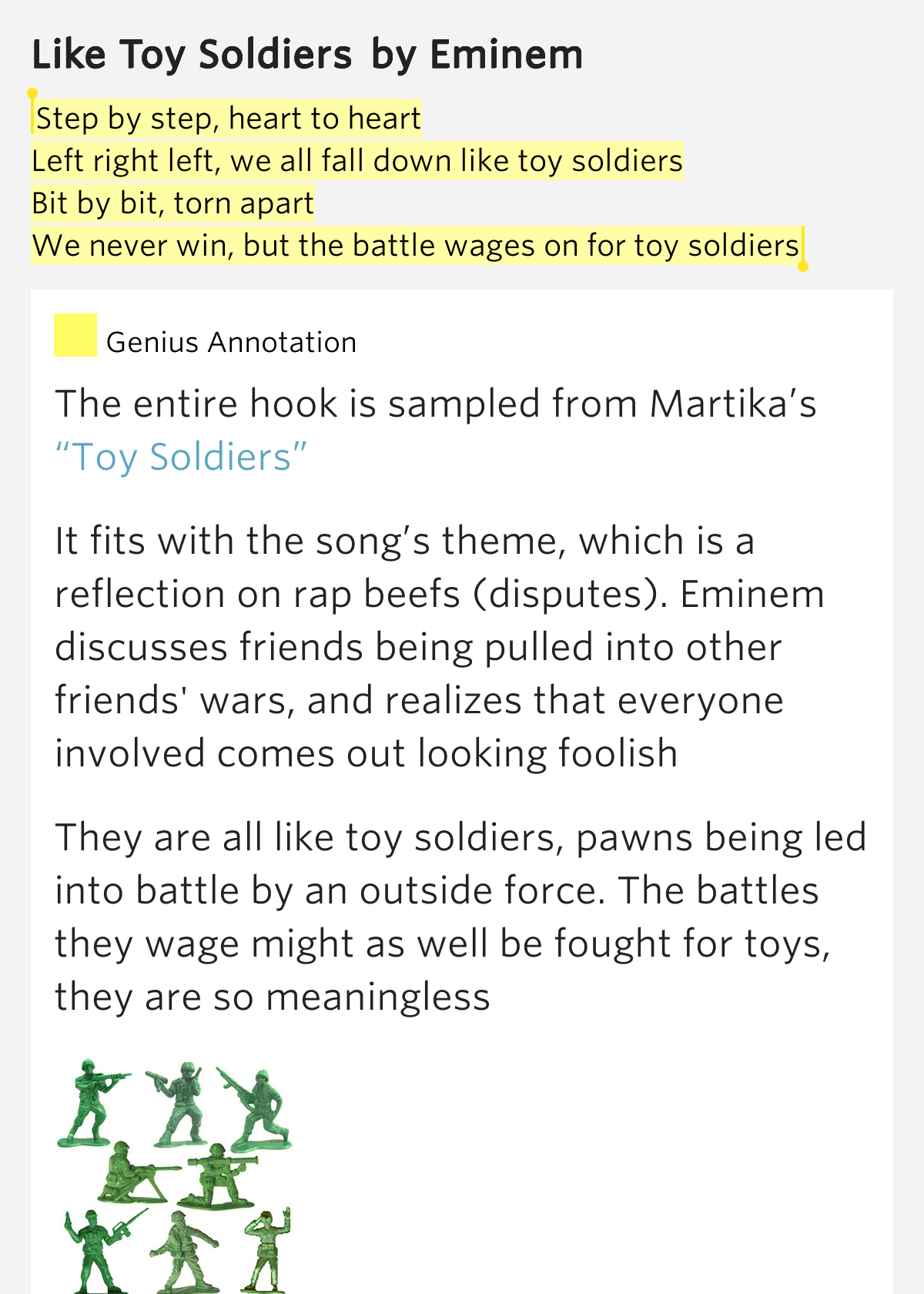 Step by step, heart to heart / Left right.. Like Toy Soldiers