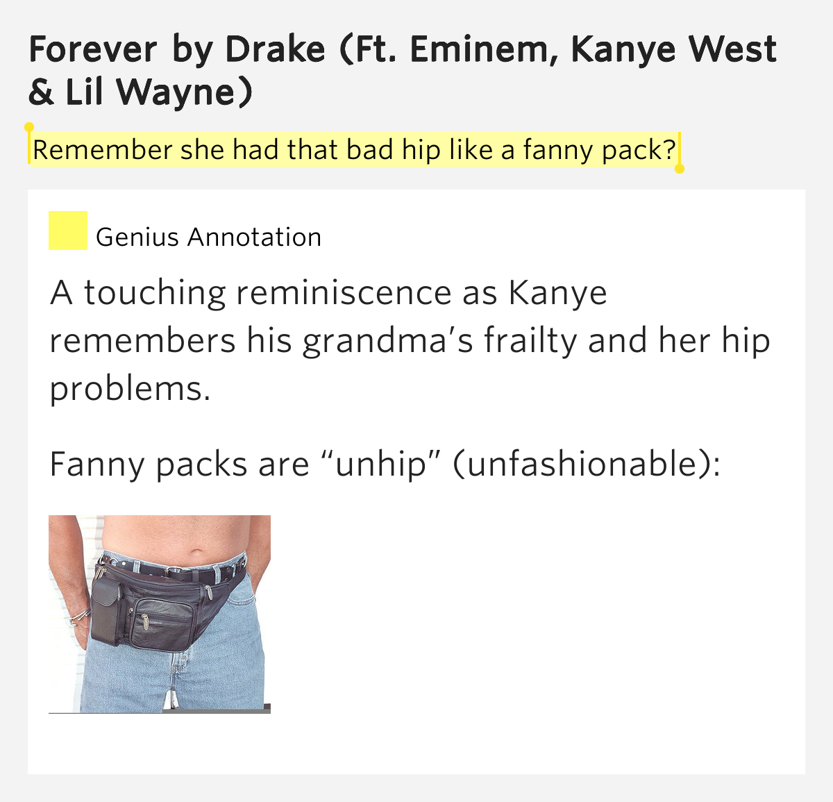 Remember she had that bad hip like a fanny pack? Forever by Drake