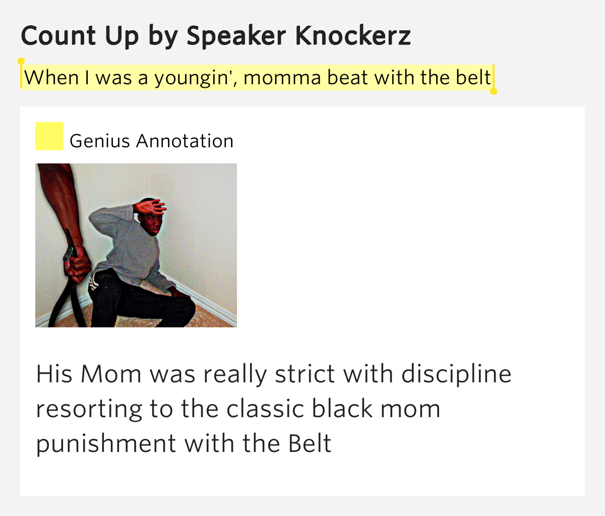 When I was a youngin', momma beat with the belt Count Up