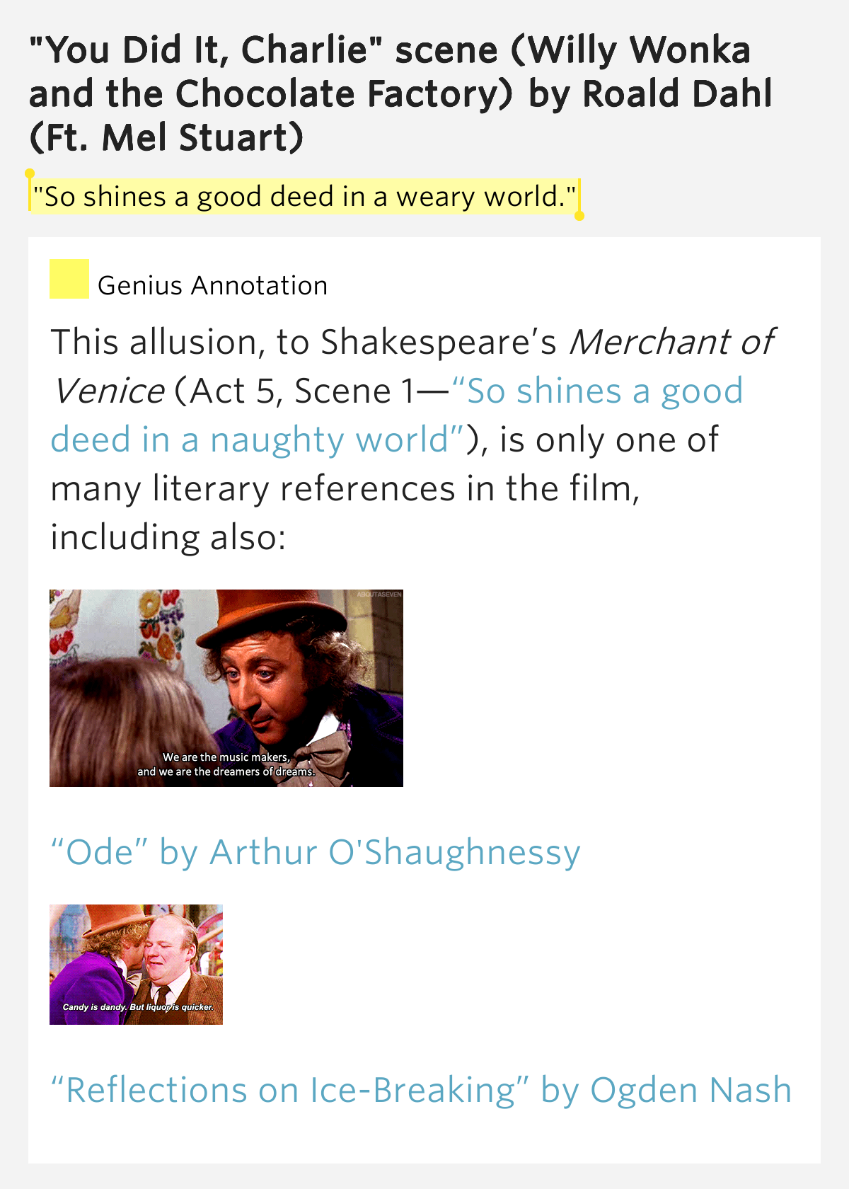 "So shines a good deed in a weary world." "You Did It, Charlie" scene