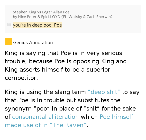 Edgar Allan Poe Vs Stephen King Lyrics You're in deep poo, Poe – Stephen King vs Edgar Allan Poe