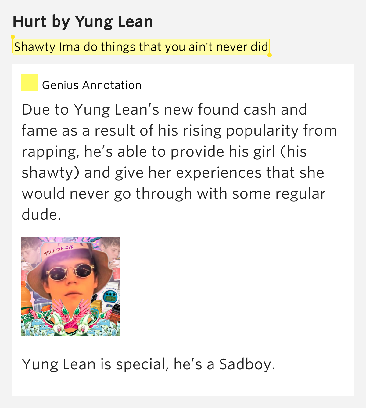 Shawty Ima do things that you ain't never did Hurt by Yung Lean