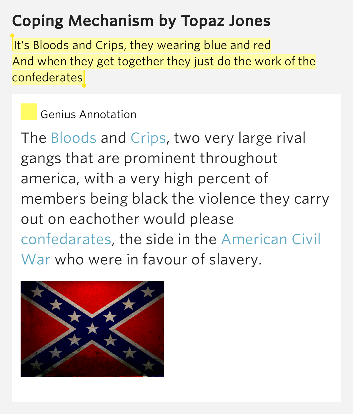 It's Bloods and Crips, they wearing blue and.. Coping Mechanism