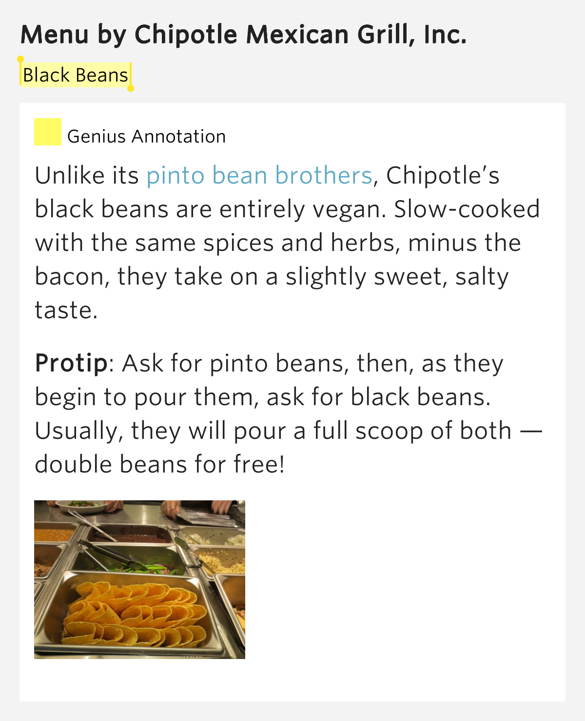 Black Beans Menu by Chipotle Mexican Grill, Inc.