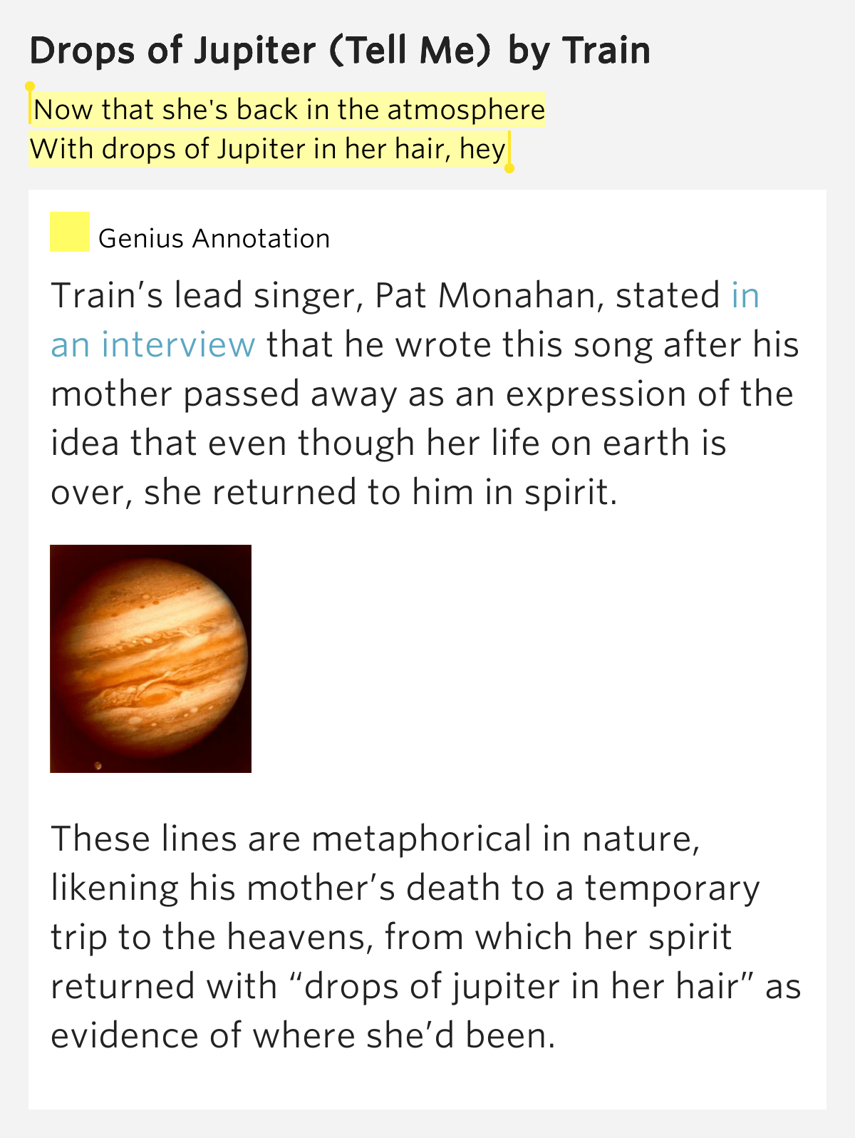 Now that she's back in the.. Drops of Jupiter (Tell Me)