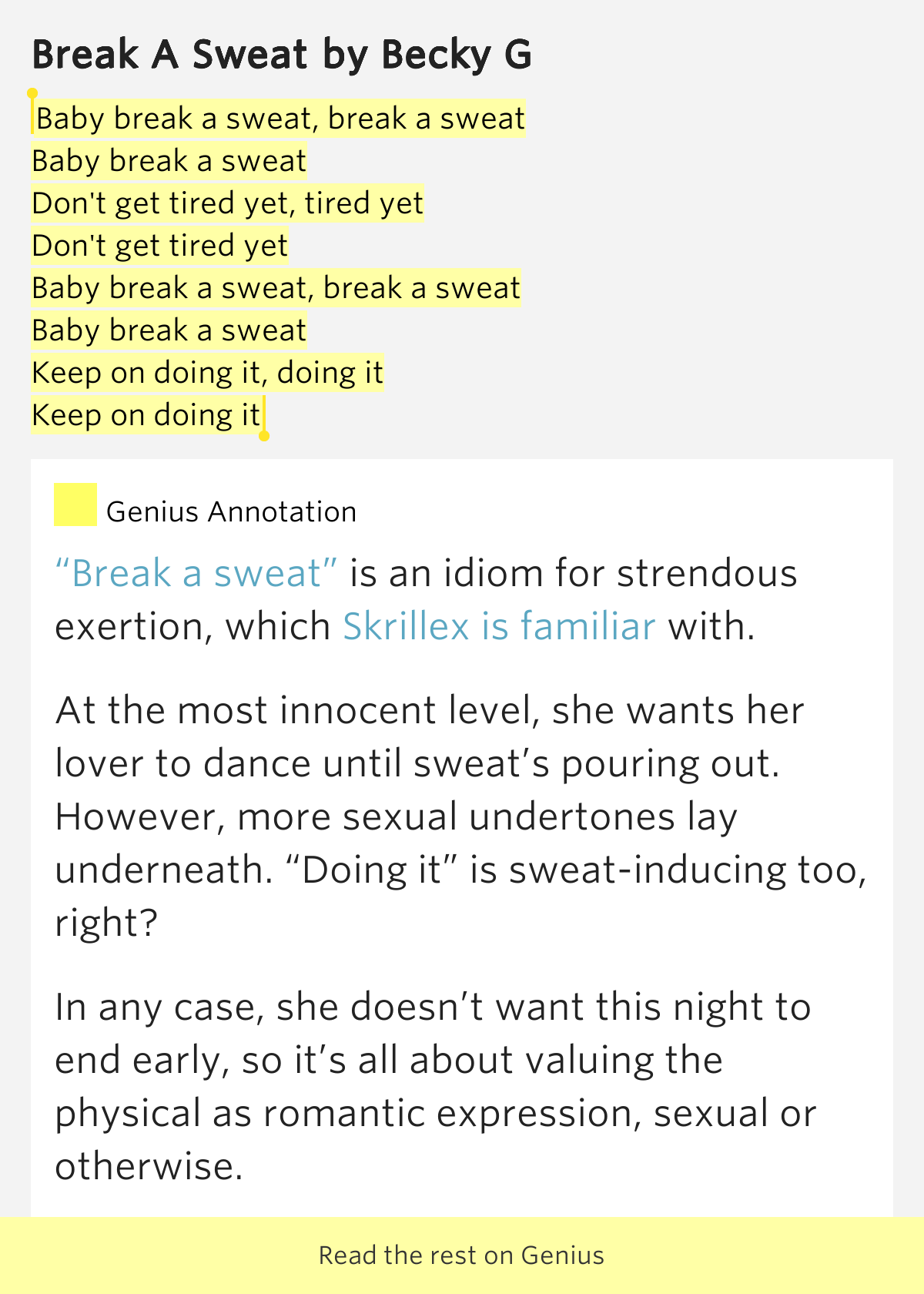 Baby break a sweat, break a sweat / Baby break a sweat / Don't get