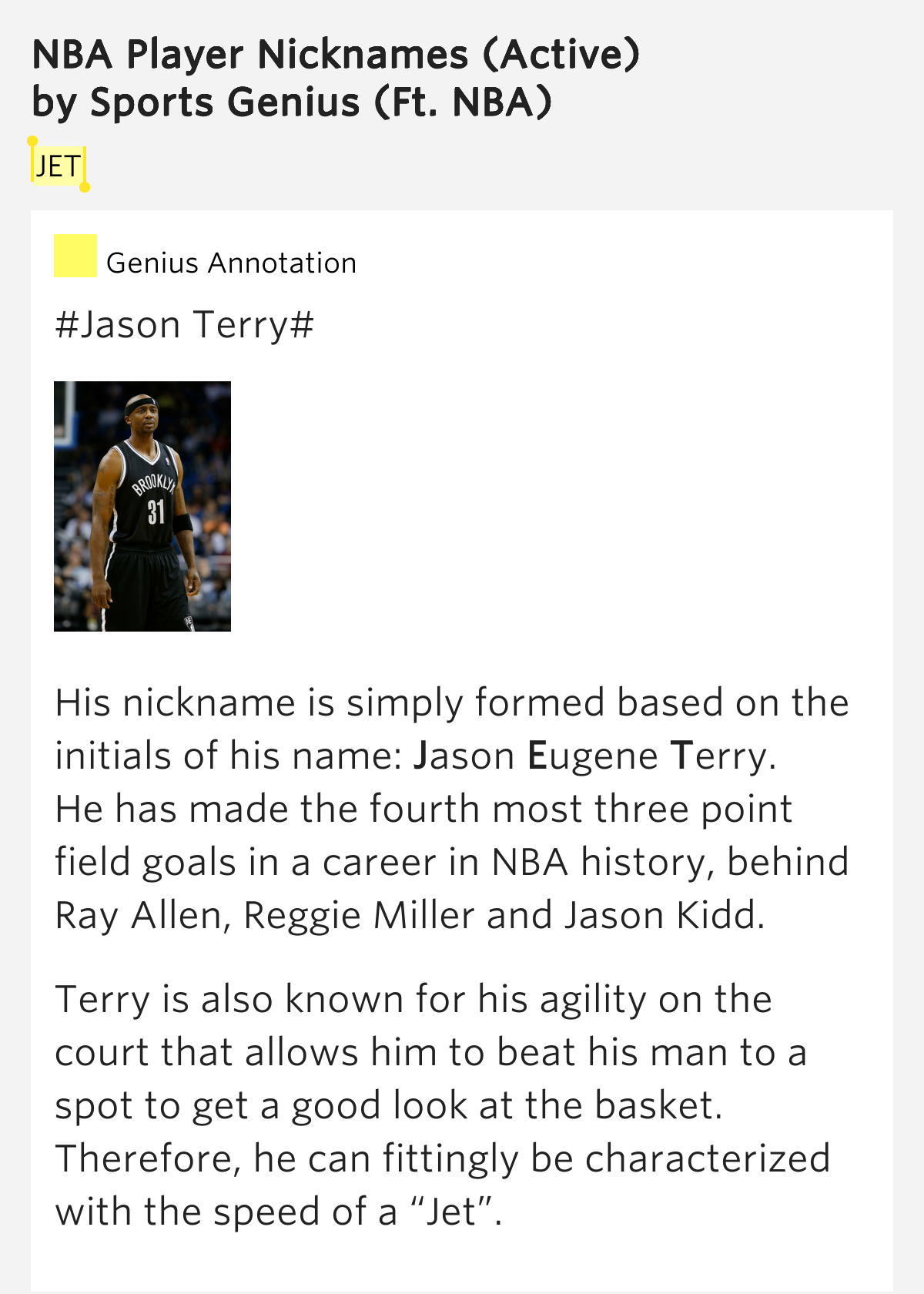 JET NBA Player Nicknames Active By Sports Genius