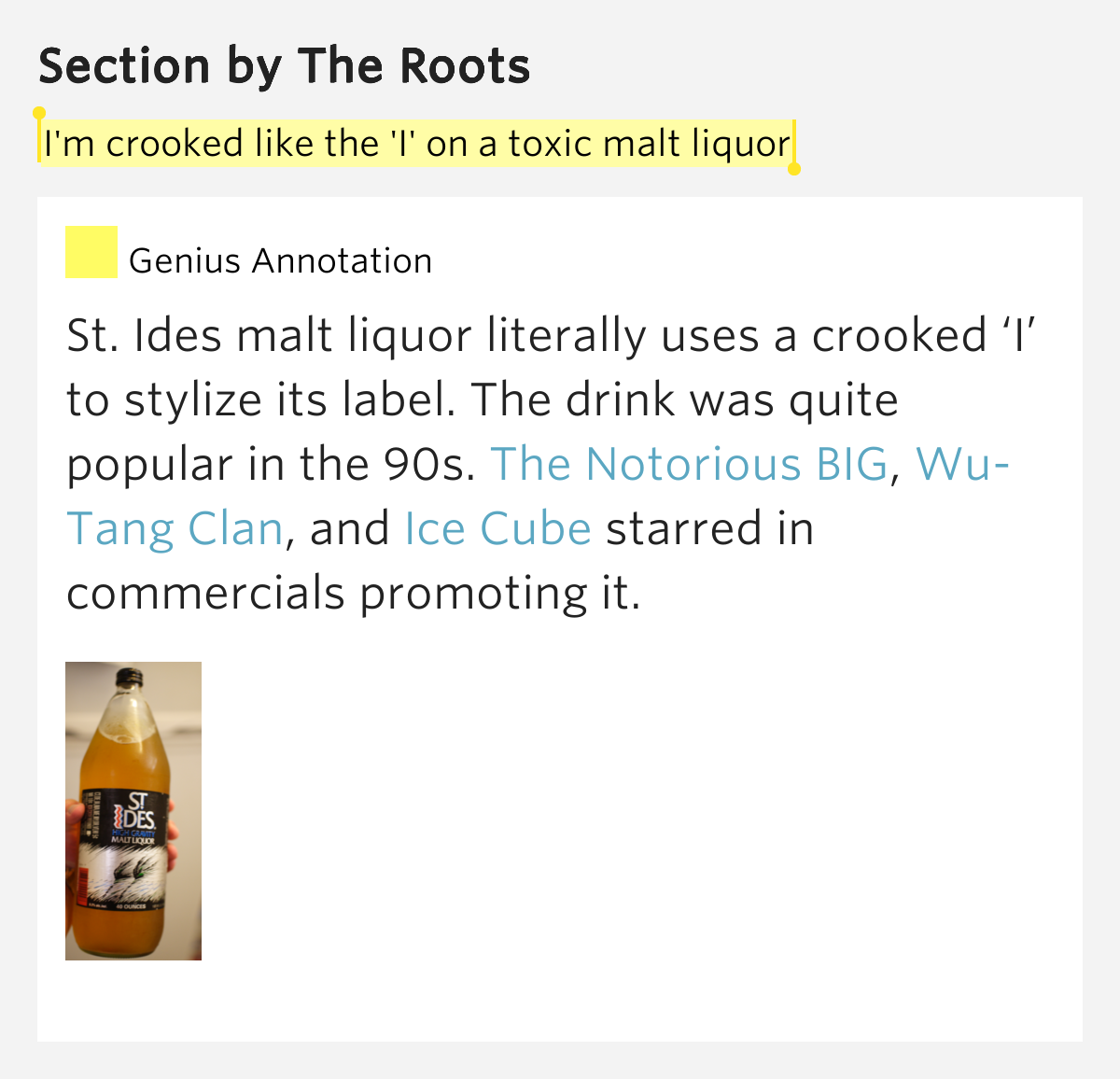 I'm crooked like the 'I' on a toxic malt liquor Section Lyrics Meaning