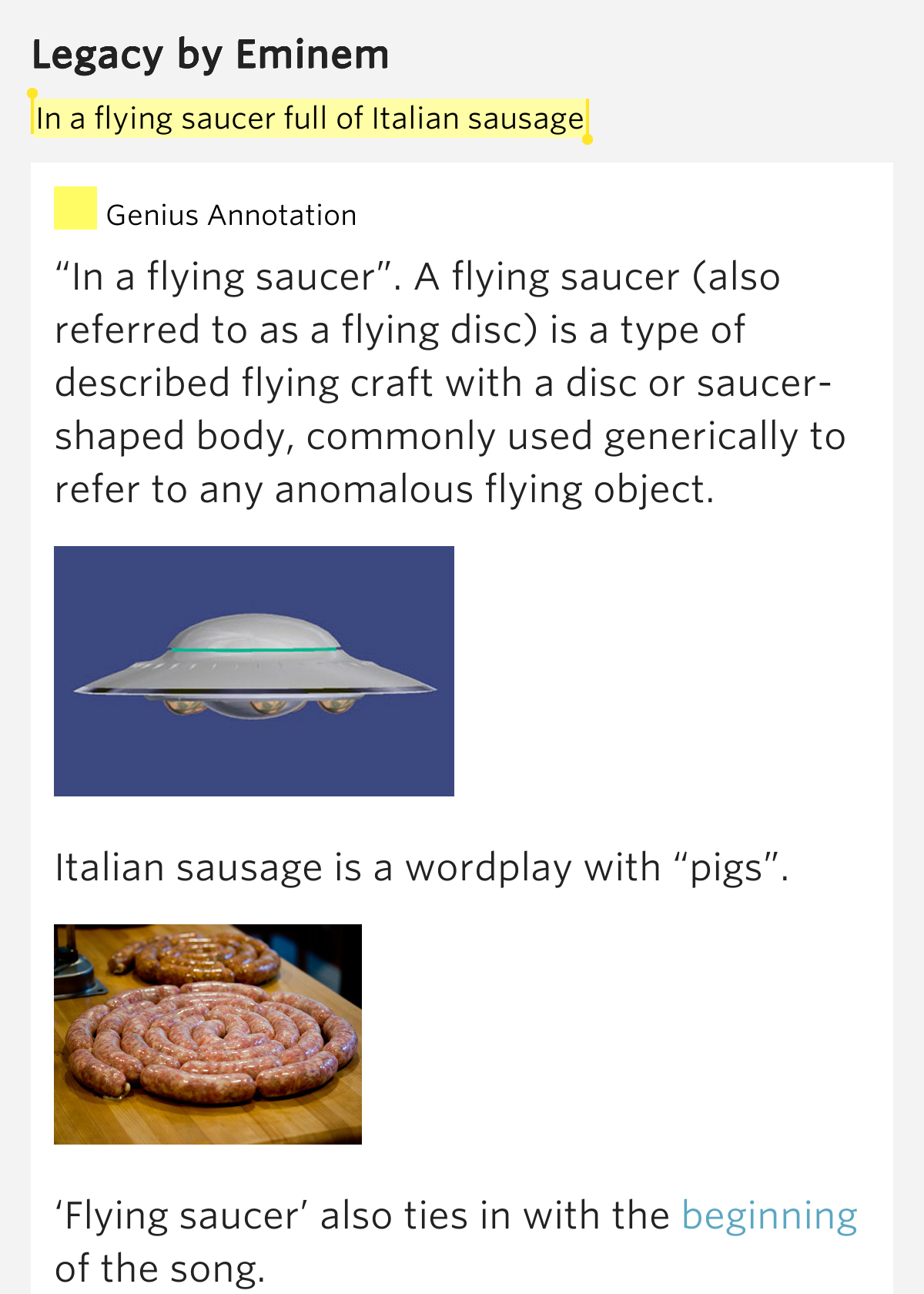 In a flying saucer full of Italian sausage Legacy Lyrics Meaning