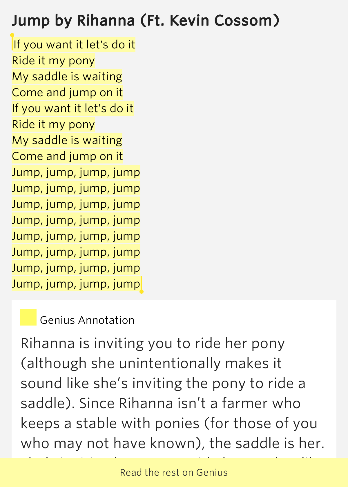 If you want it let's do it / Ride it my pony / My saddle.. Jump