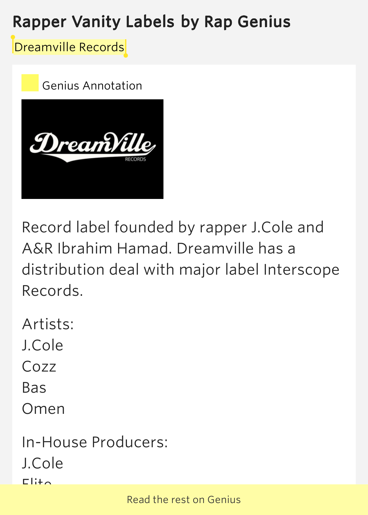 Dreamville Records Rapper Vanity Labels by Rap Genius