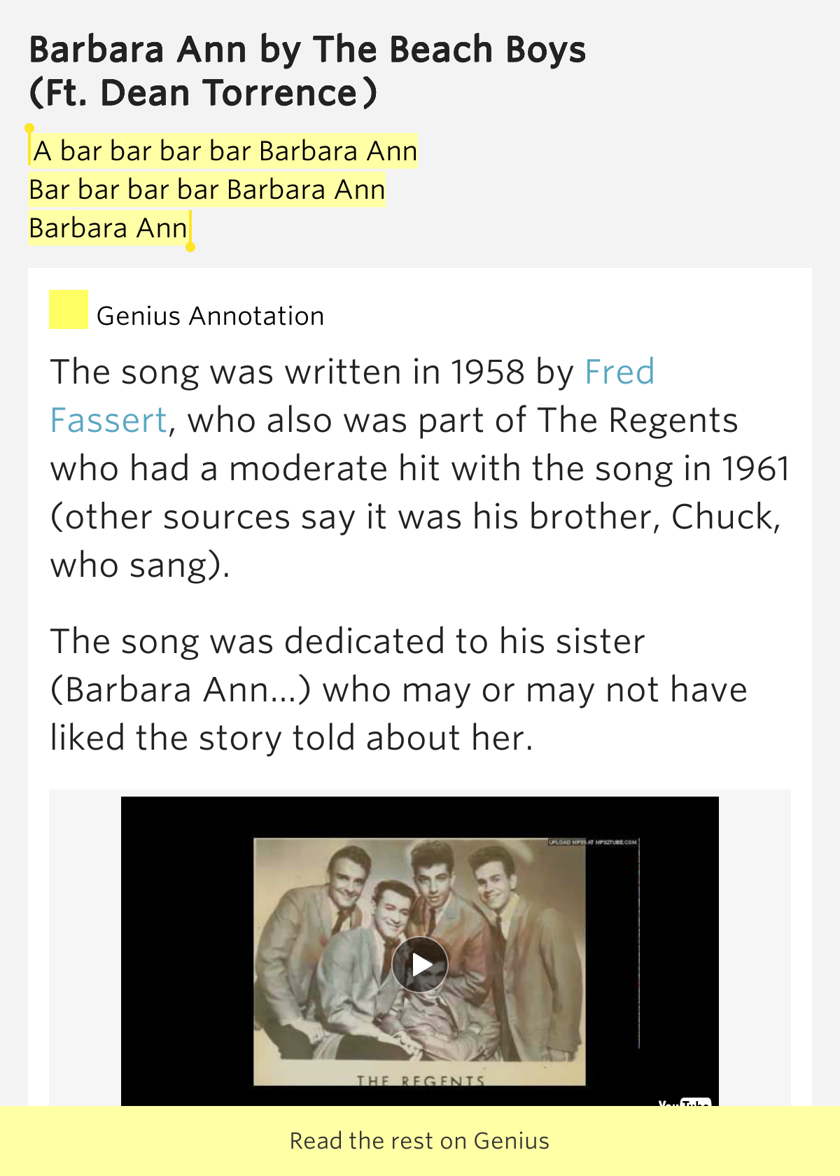 A bar bar bar bar Barbara Ann / Bar bar bar bar Barbara Ann / Barbara Ann – Barbara Ann Lyrics ...