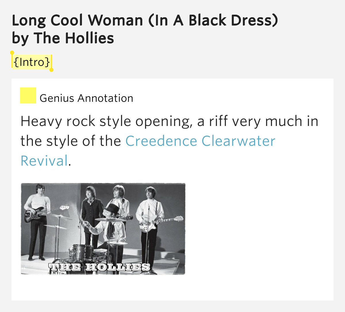 {Intro} Long Cool Woman (In A Black Dress) by The Hollies {Intro} Long Cool Woman (In A Black Dress) by The Hollies