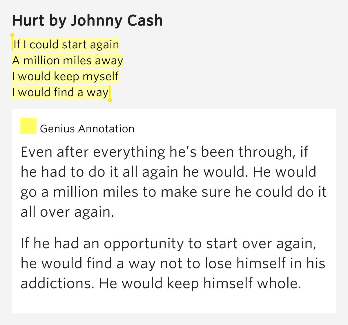 A Million Miles Away Belle Lyrics If I could start again / A million miles away / I would.. – Hurt