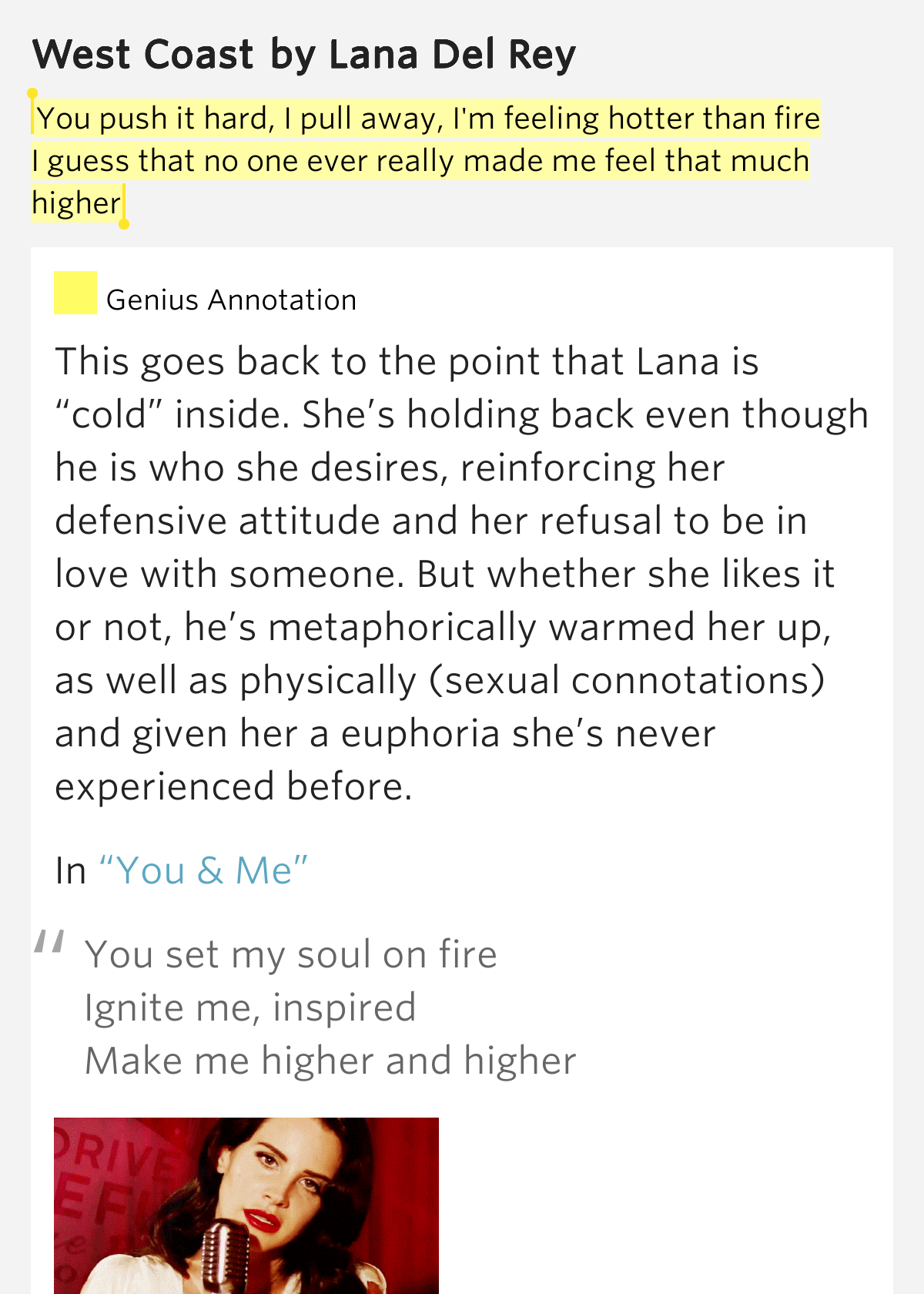 You push it hard, I pull away, I'm feeling hotter than fire / I guess