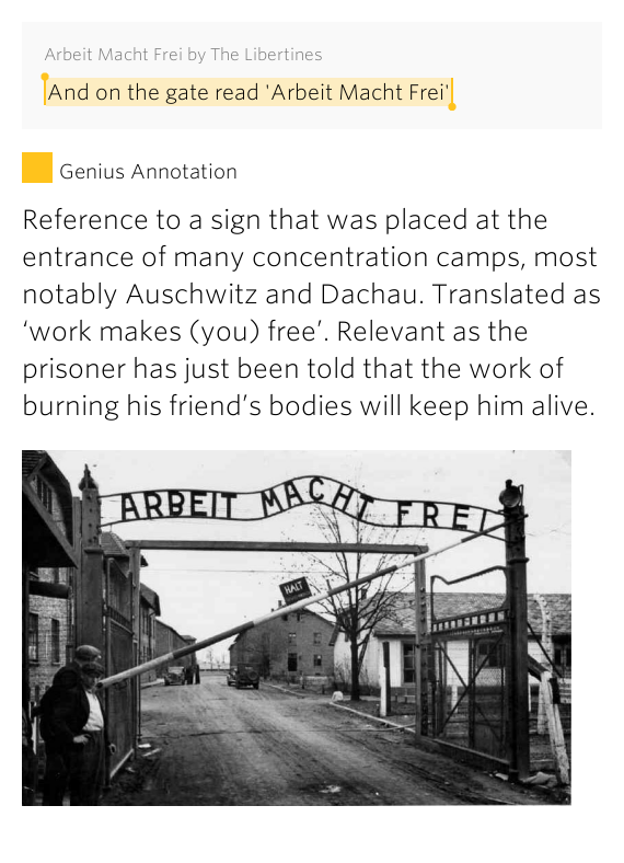 And on the gate read 'Arbeit Macht Frei' – Arbeit Macht Frei Lyrics Meaning