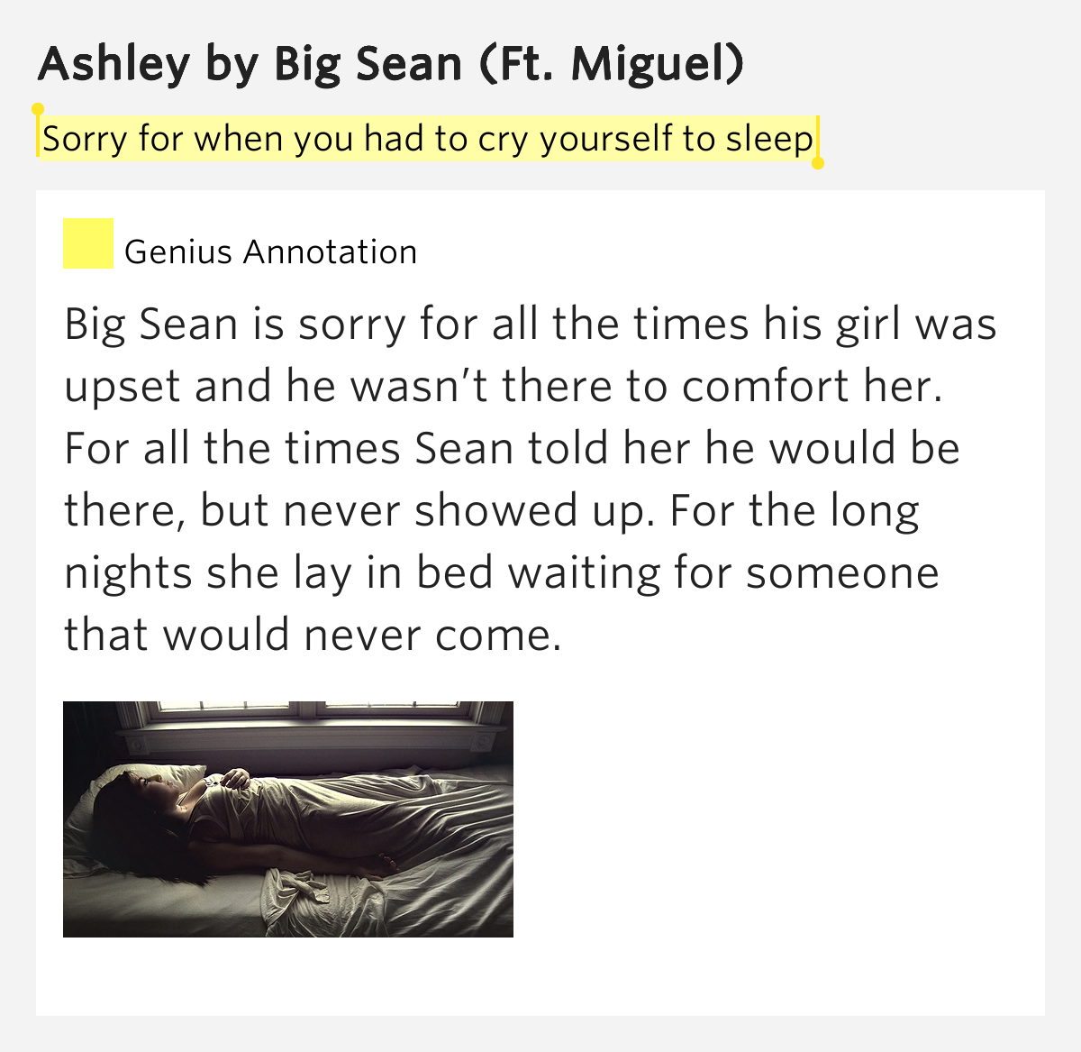 Sorry for when you had to cry yourself to sleep Ashley