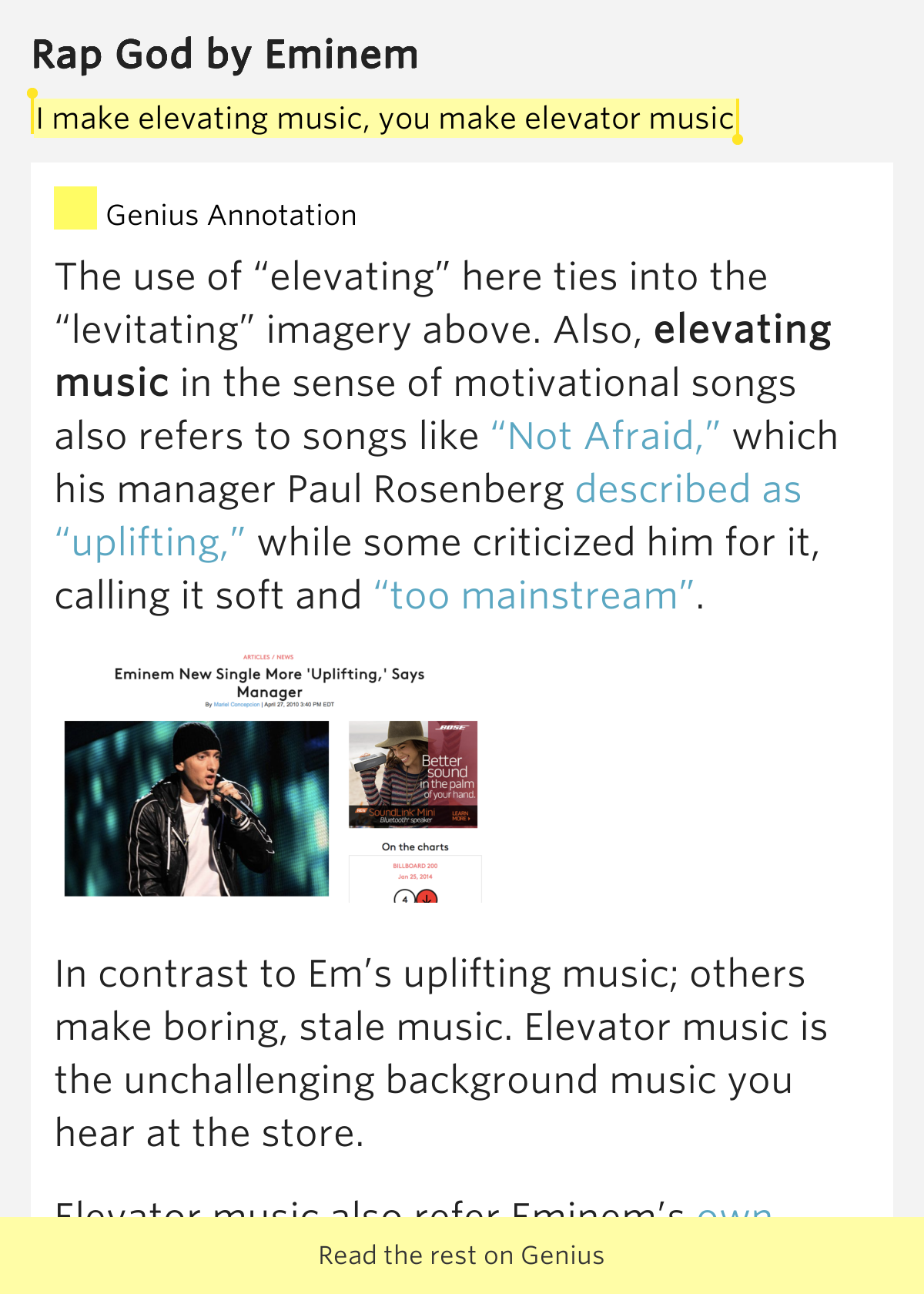 I make elevating music, you make elevator music Rap God by Eminem