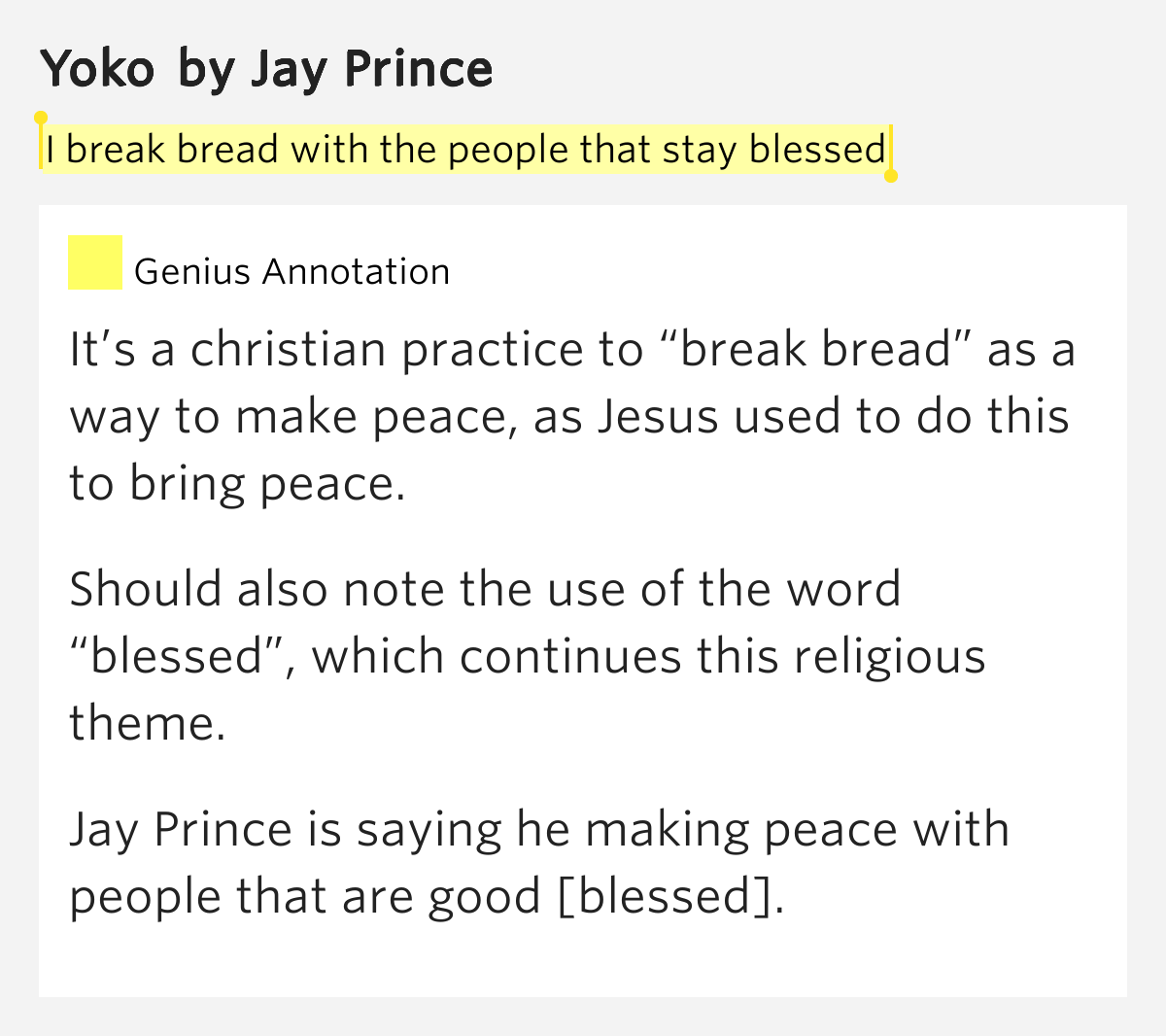 I break bread with the people that stay blessed Yoko Lyrics Meaning