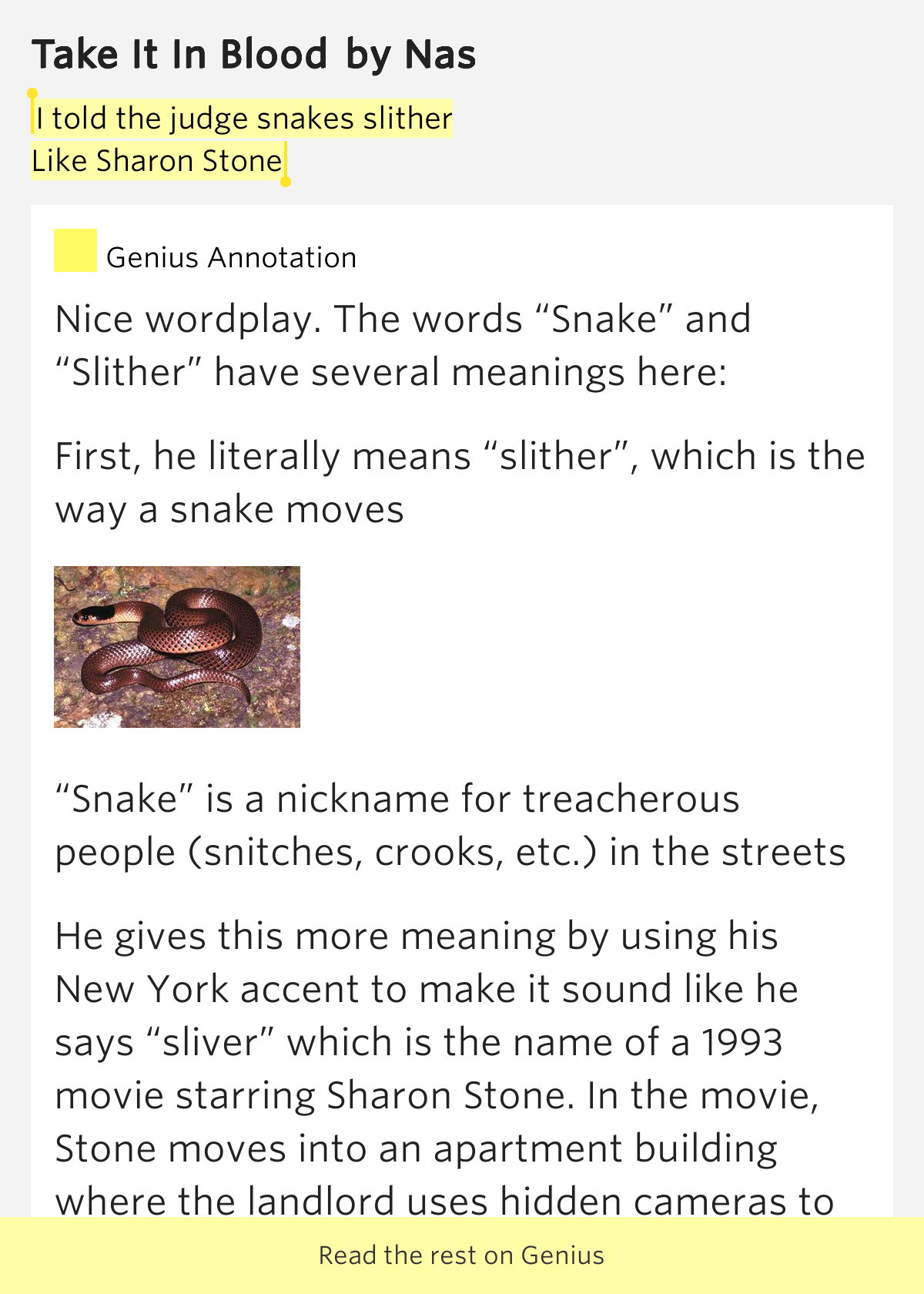 I told the judge snakes slither / Like Sharon Stone Take It In Blood