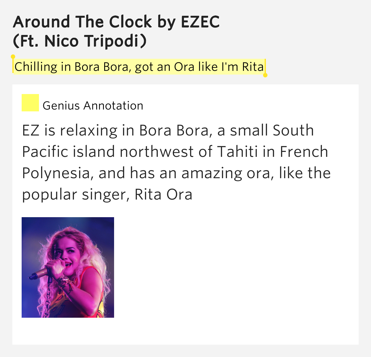 Chilling In Bora Bora Got An Ora Like I m Rita Around The Clock Lyrics Meaning