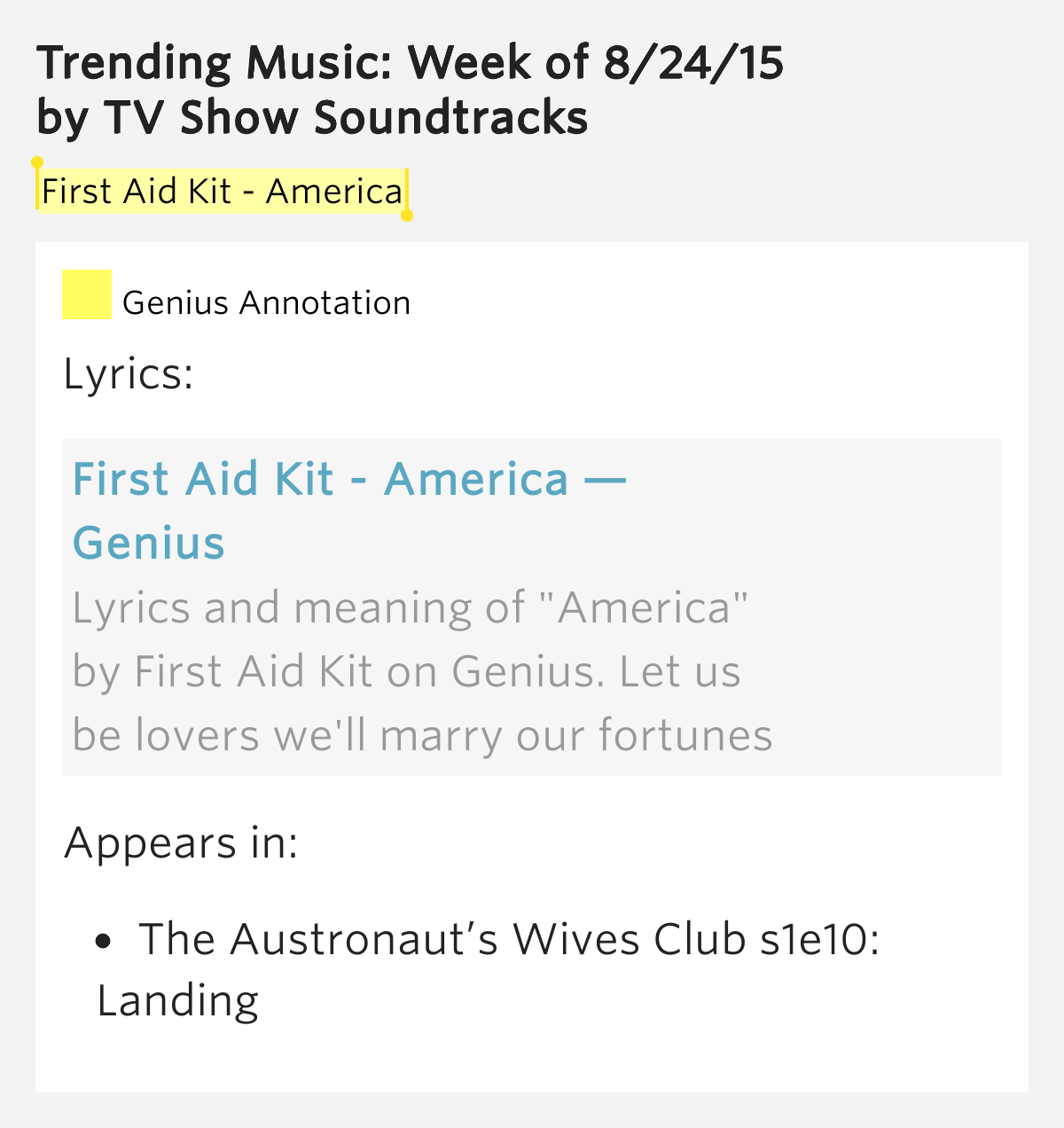 First Aid Kit America Trending Music Week of 8/24/15 Lyrics Meaning