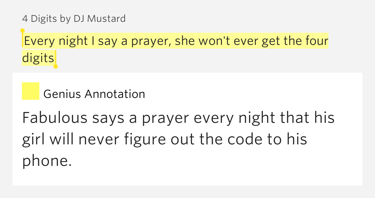 Every night I say a prayer, she won't ever get the four digits 4 Digits Lyrics Meaning Every night I say a prayer, she won't ever get the four digits 4 Digits Lyrics Meaning