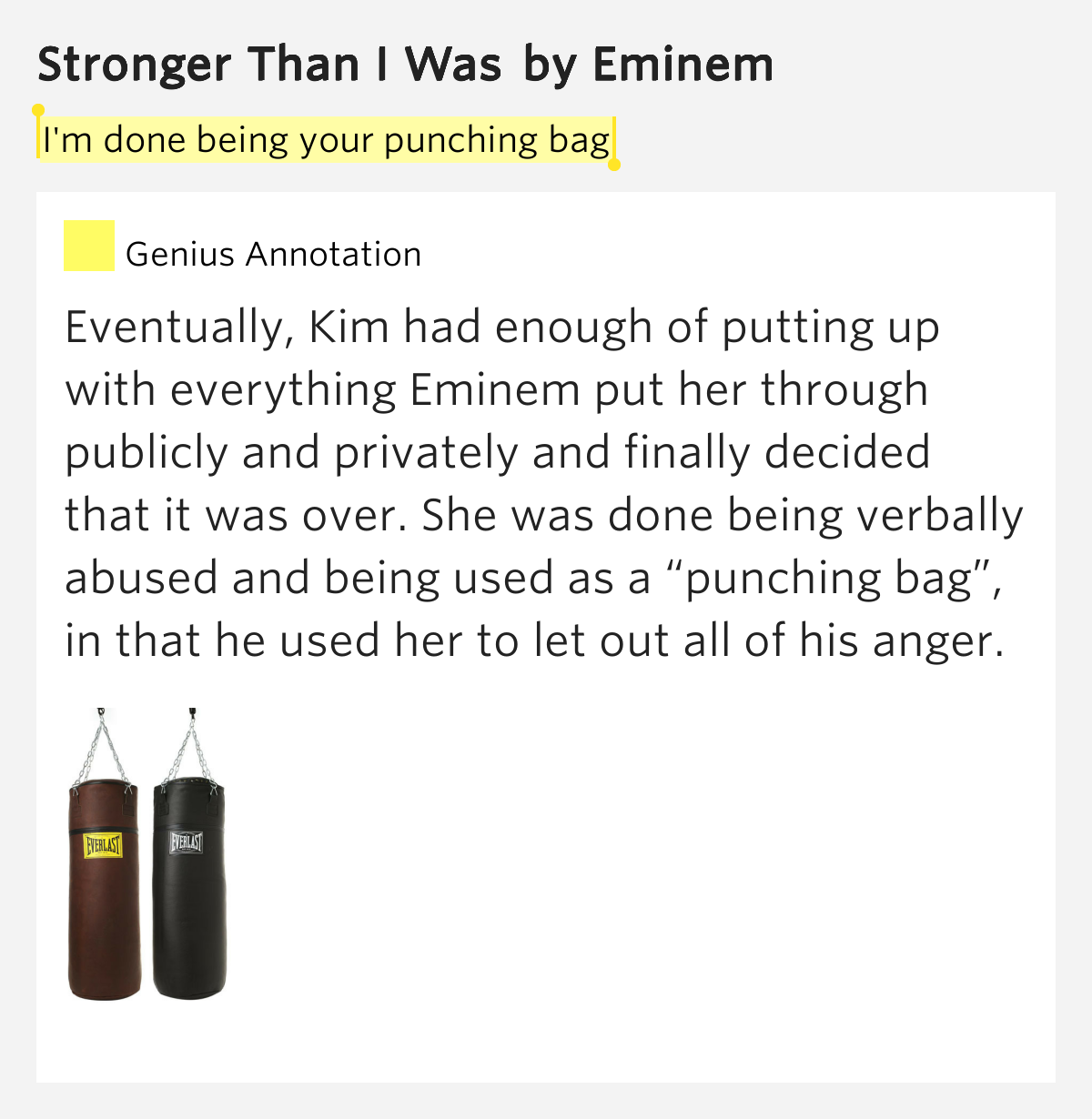 I'm done being your punching bag Stronger Than I Was Lyrics Meaning