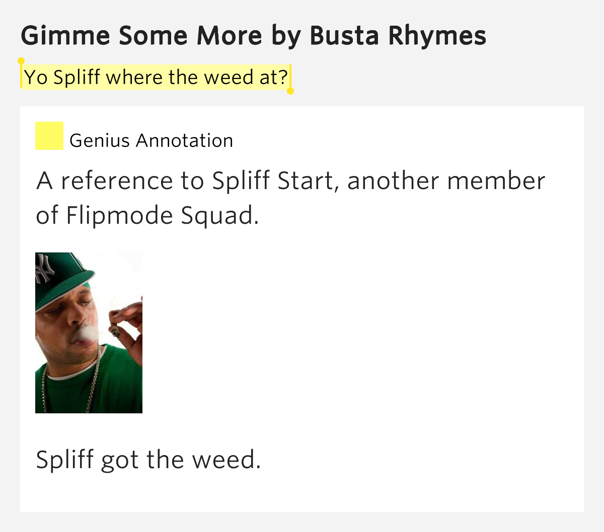 Yo Spliff where the weed at? Gimme Some More by Busta Rhymes