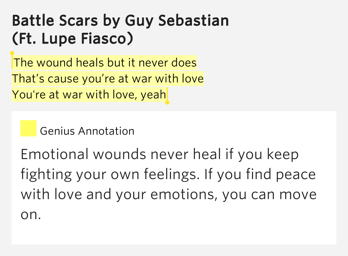 The wound heals but it never does / That’s cause you’re at war with