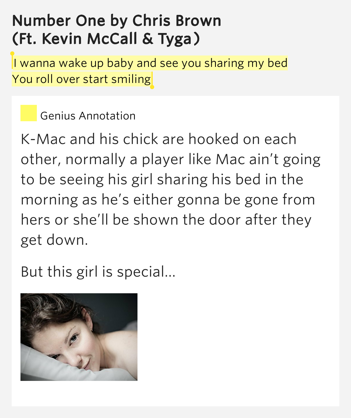 I wanna wake up baby and see you sharing my bed / You roll over start