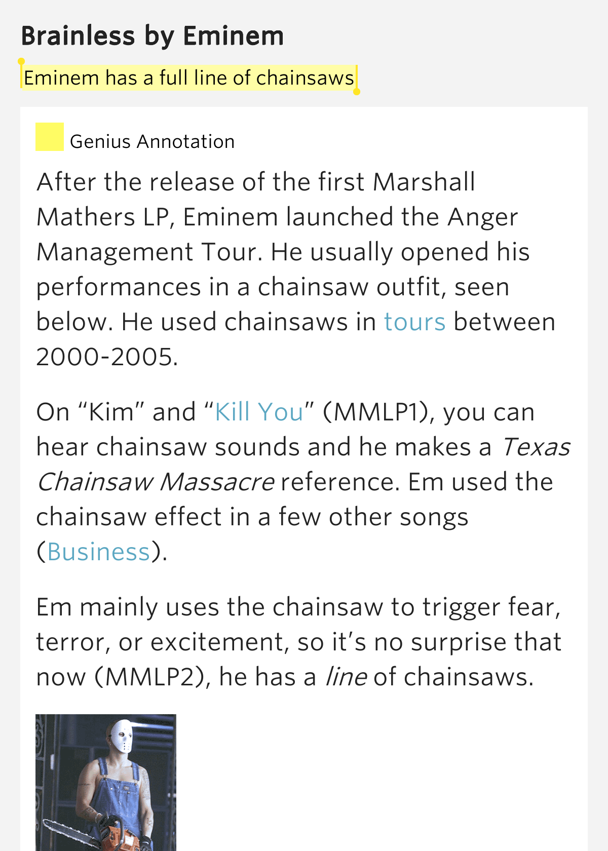 Eminem has a full line of chainsaws Brainless Lyrics Meaning