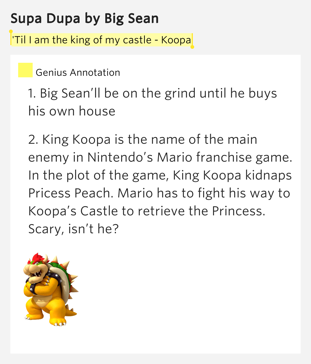 'Til I am the king of my castle Koopa Supa Dupa Lyrics Meaning 'Til I am the king of my castle Koopa Supa Dupa Lyrics Meaning