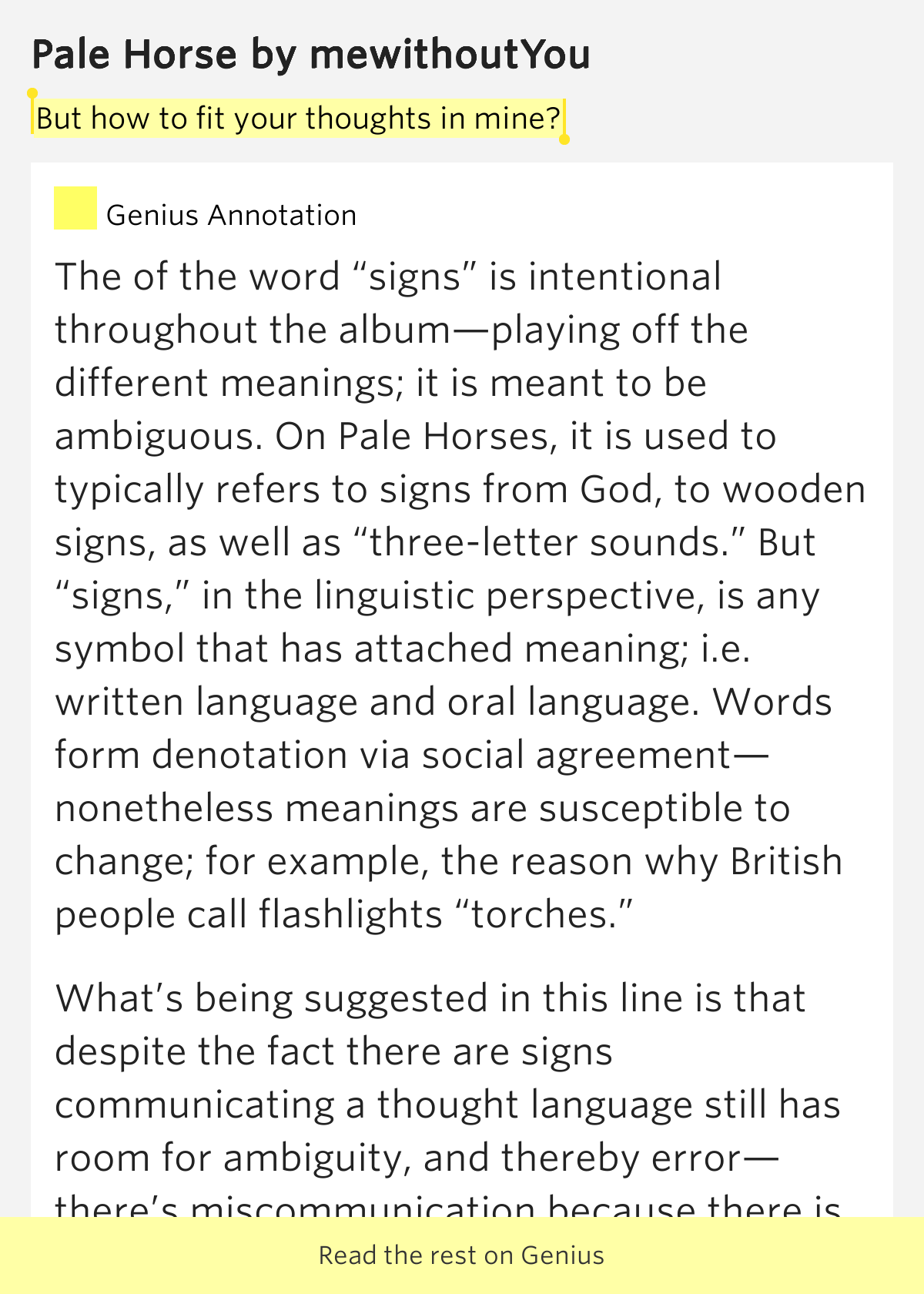 But how to fit your thoughts in mine? Pale Horse Lyrics Meaning