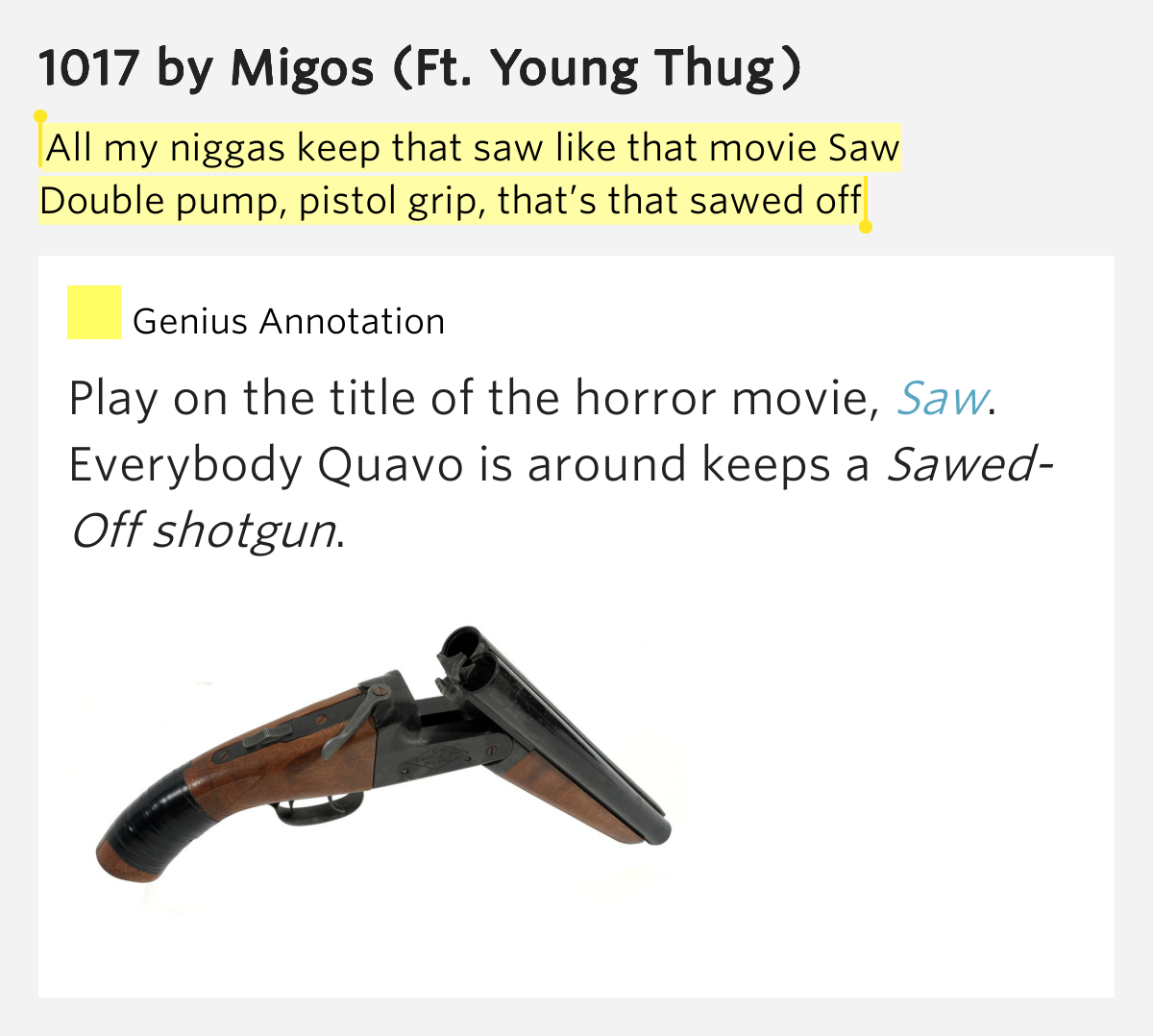 All my niggas keep that saw like that movie Saw / Double pump, pistol