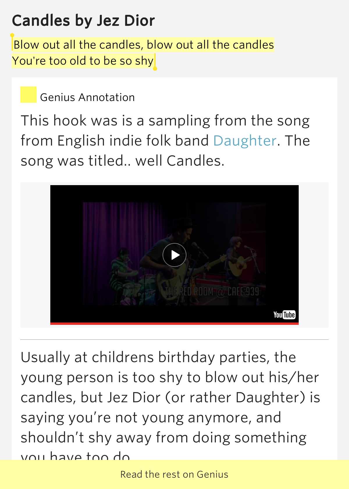 Blow out all the candles, blow out all the candles / You're too old to