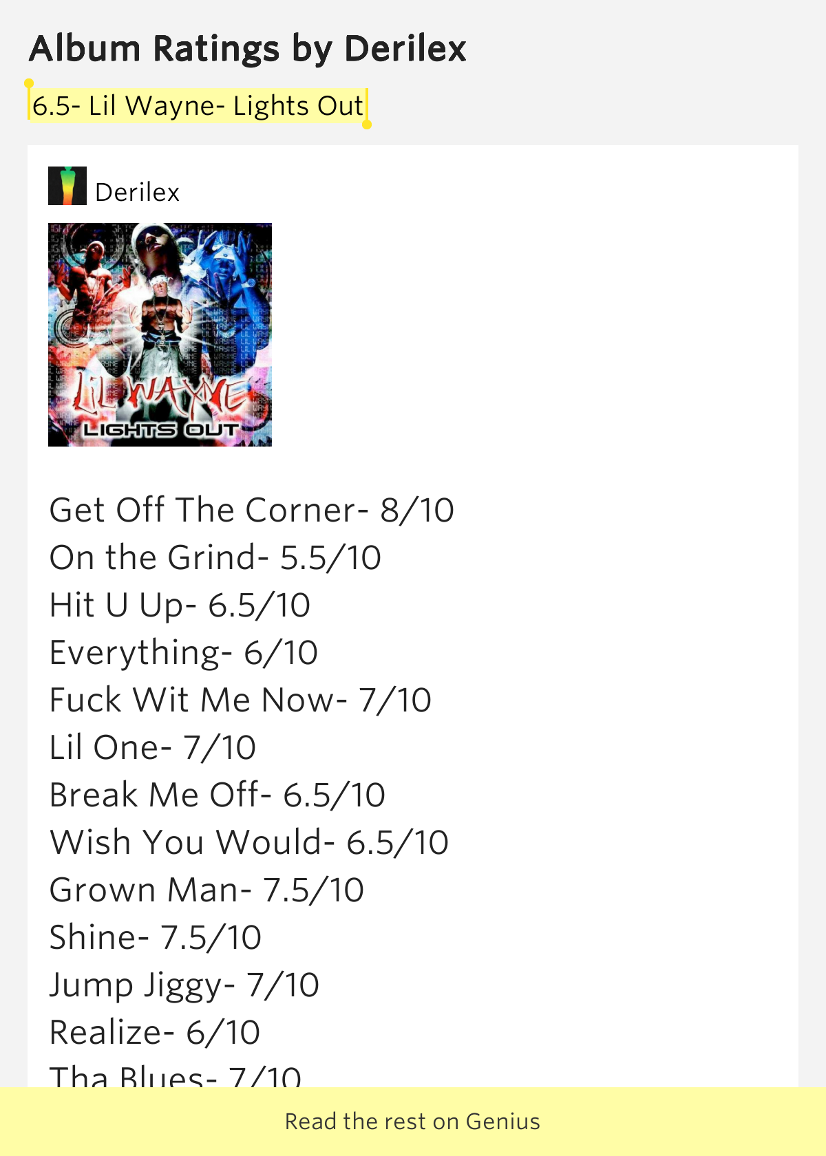 6.5 Lil Wayne Lights Out Album Ratings Lyrics Meaning
