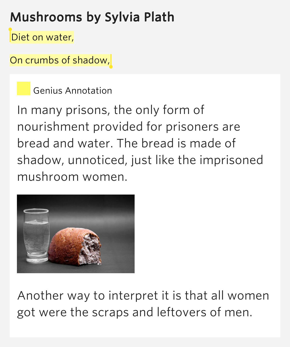Diet on water, / On crumbs of shadow, Mushrooms by Sylvia Plath
